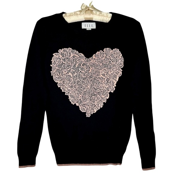 ELLE Sweater Fitted Flocked Lace Heart Black Pink Valentines Pullover Small S - Picture 11 of 11